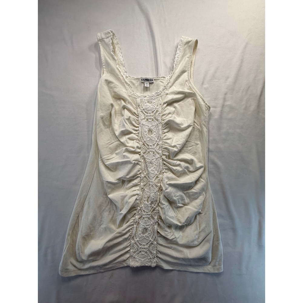 Express Womens Tank Top Large Cream Lace Crochet Ruched Sleeveless Scoop Neck L